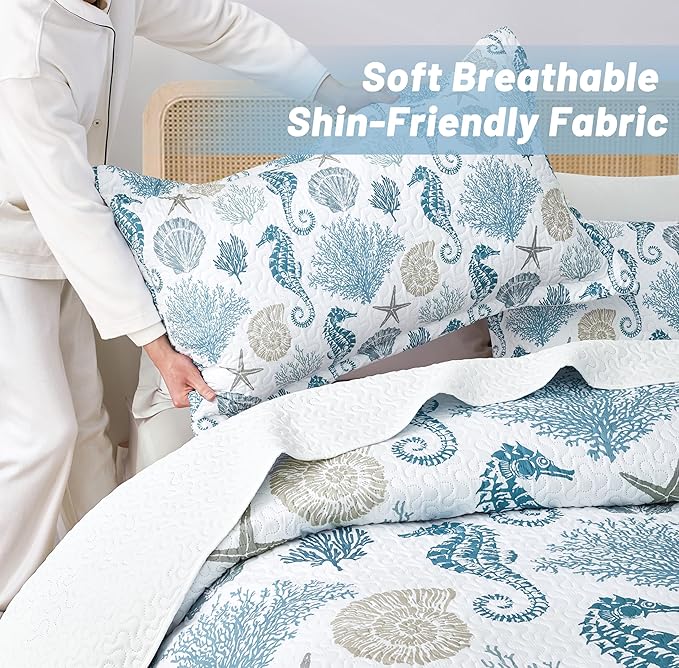 Coastal Bedding King Size Coastal Quilt with 2 Shams, Nautical Beach Comforter Sets Ocean Bedspreads Blue Seahorse Coverlet Summer Bedding, 96''x106''