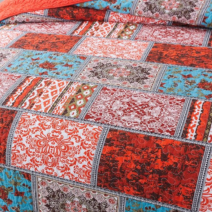 NEWLAKE Cotton Bedspread Quilt Sets-Reversible Patchwork Coverlet Set, Mediterranean Classic Bohemian Pattern,King Size