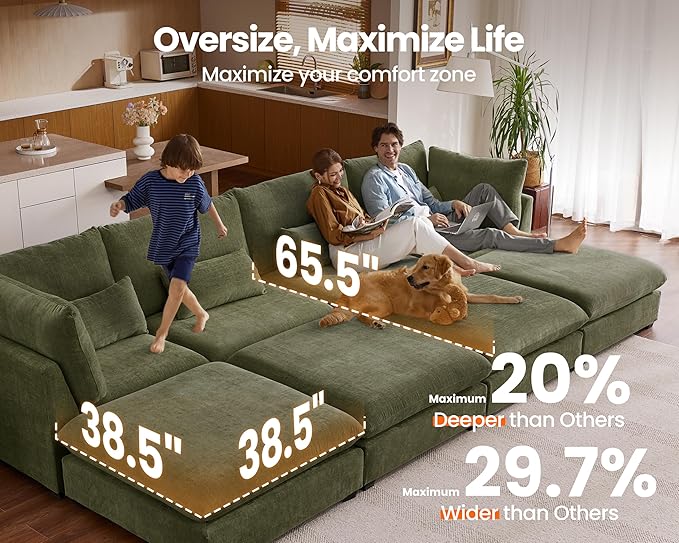 Oversized Modular Sofa, Extra Deep Cloud Chenille Sectional Couch with Ottoman Chaise, Fluffy Chenille 6 Seat U-Shaped Sofa for Living Room, Villa (U Shape 6 Seater, Chenille Green)