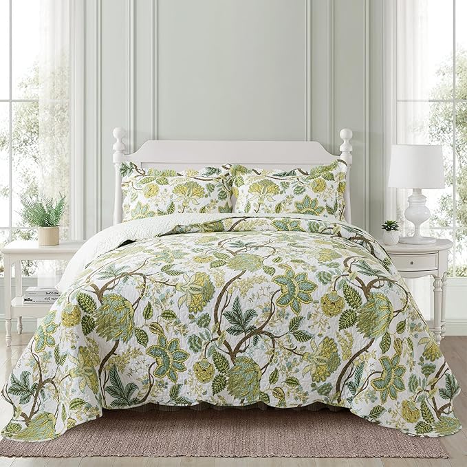 NEWLAKE Cotton Bedspread Quilt Sets - Reversible Patchwork Coverlet Set, Floral Vine Pattern, Queen Size