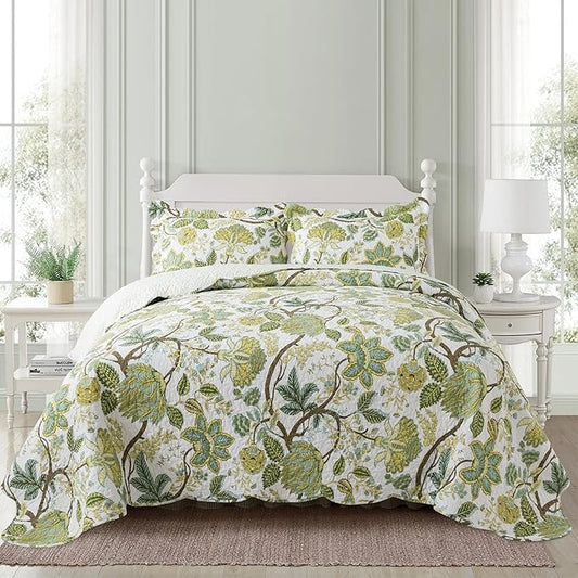 NEWLAKE Cotton Bedspread Quilt Sets - Reversible Patchwork Coverlet Set, Floral Vine Pattern, Queen Size