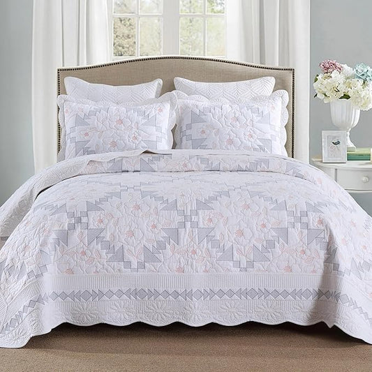 MarCielo 3-Piece 100% Cotton Oversized Bedspread Lightweight Quilt Coverlet Embroidery Farmhouse Bedding Set (TC Colorful White, Oversized Queen (100"x106"))