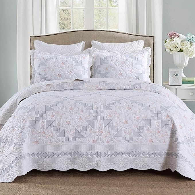 MarCielo 3-Piece 100% Cotton Oversized Bedspread Lightweight Quilt Coverlet Embroidery Farmhouse Bedding Set (TC Colorful White, Oversized King (118"x106"))