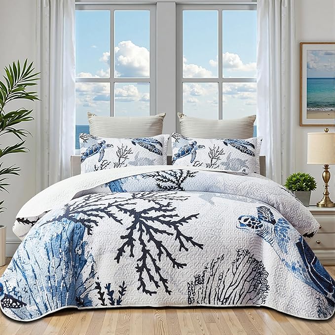 Coastal Bedding Twin Size Coastal Quilt with Shams, Nautical Beach Comforter Sets Ocean Bedspreads Blue Seaturtle Coverlet Summer Bedding, 68''x86''