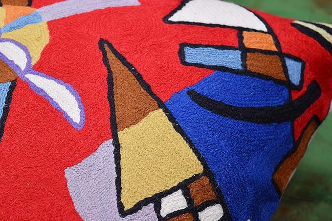 Kandinsky Contemporary Throw Pillow Cover - Bright | Red Modern Pillow Cases | Abstract Accent Pillows | Contemporary Couch Cushions | Hand Embroidered Cushion | Wool Size 18x18