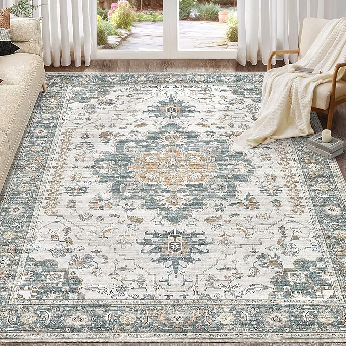 Washable Area Rugs for Living Room -10x12 Neutral Vintage Distressed Floral Farmhouse Boho Large Soft Floor Rug Indoor Non Slip Carpet for Living Room Bedroom Dining Room Office -Green/Grey