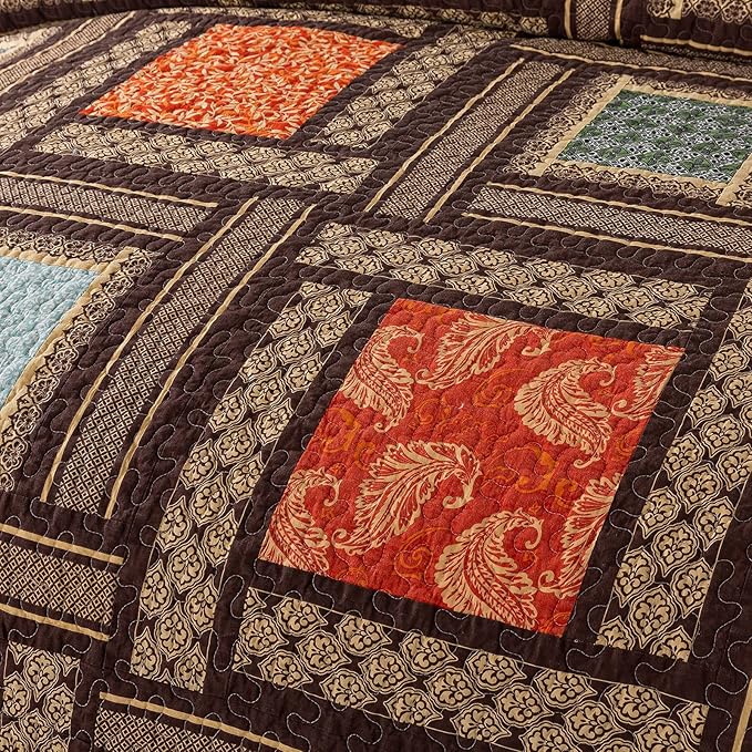 NEWLAKE Cotton Patchwork Bedspread, 3-Piece Bedding Quilt Set with Real Stitched Embroidery, Reversible Matelasse Bed Coverlet Set,Bohemian Farmhouse,Queen Size