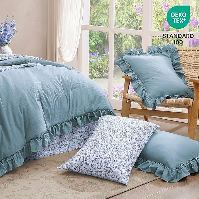 Queen Comforter Set - 7 Pieces Ruffle Blue Bedding Sets, Shabby Chic Farmhouse Bed in a Bag Queen with Ruffle Comforter, Floral Sheets, Pillowcases & Shams