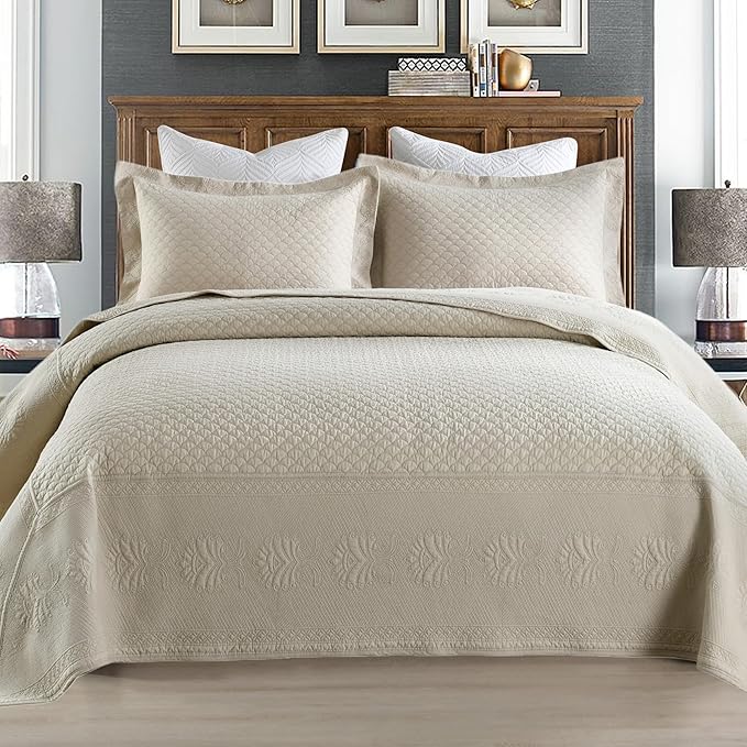MarCielo 3-Piece 100% Cotton Oversized Bedspread Lightweight Quilt Coverlet Embroidery Farmhouse Bedding Set (TM Khaki Beige, Oversized Queen (100"x106"))
