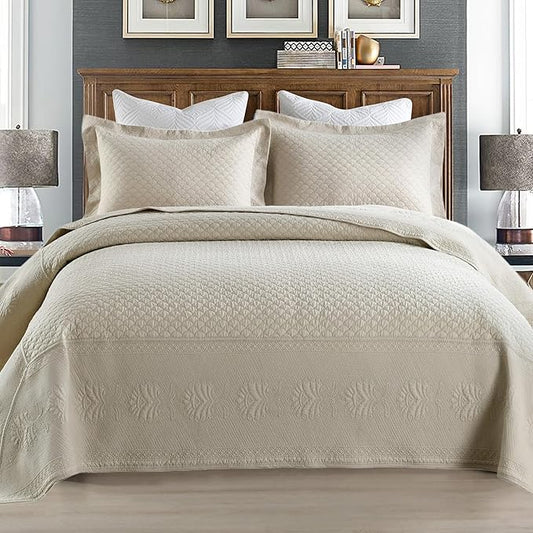 MarCielo 3-Piece 100% Cotton Oversized Bedspread Lightweight Quilt Coverlet Embroidery Farmhouse Bedding Set (TM Khaki Beige, Oversized King (118"x106"))