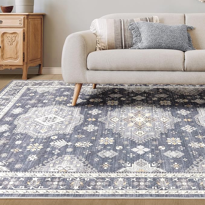Washable Area Rugs for Living Room -9x12 Neutral Vintage Distressed Floral Farmhouse Boho Large Soft Floor Rug Indoor Non Slip Carpet for Living Room Bedroom Dining Room Office - Denim Blue/Grey