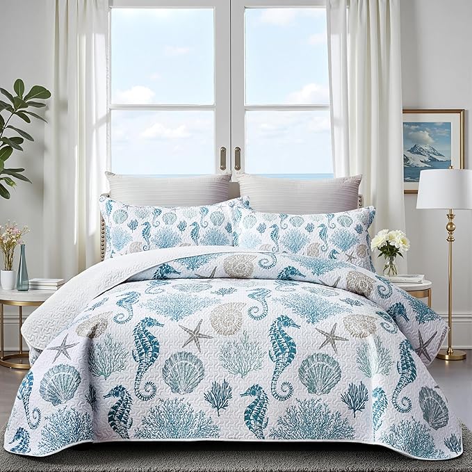 Coastal Bedding Twin Size Coastal Quilt with Shams, Nautical Beach Comforter Sets Ocean Bedspreads Blue Seahorse Coverlet Summer Bedding, 68''x86''