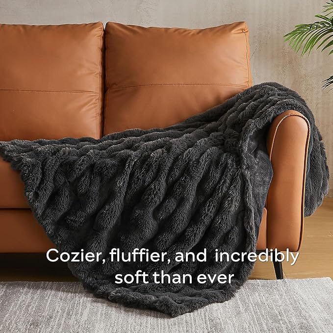 JELLYMONI Faux Fur Throw Blanket, Dark Grey, Cozy Plush Bubble Bed Throw, Thick and Warm, 50" X 60"