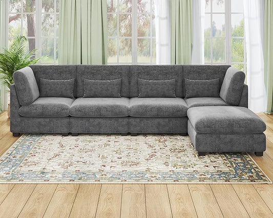 Oversized Modular Sofa, Extra Deep Cloud Chenille Sectional Couch with Ottoman Chaise, Fluffy Chenille 5 Seater Sofa Bed for Living Room, Villa (L Shape 5 Seater, Chenille Grey)