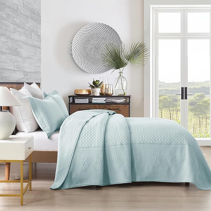 MarCielo 3-Piece 100% Cotton Oversized Bedspread Lightweight Quilt Coverlet Embroidery Farmhouse Bedding Set (TM Mint Green, Oversized Queen (100"x106"))