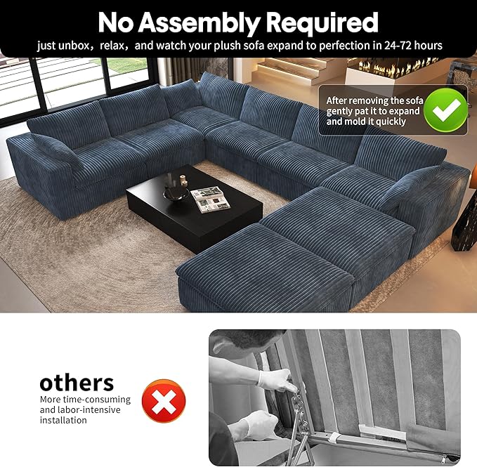 Oversized Modular Sectional Cloud Couch,157.5" U Shaped Modern Sofa with 2 Ottoman and 2 Middle Seats,Upholstered Couches with Corduroy Fabric for Living Room Furniture,No Assembly Required,Blue