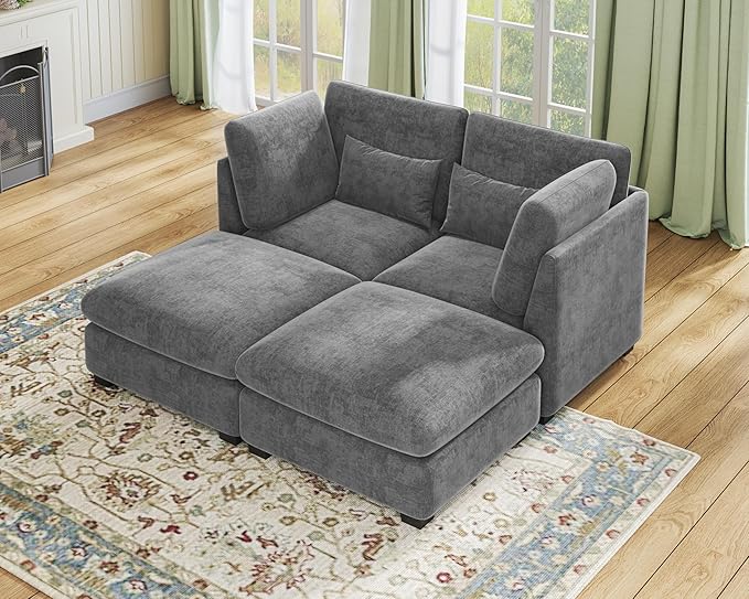 Oversized Modular Sofa, Extra Deep Cloud Chenille Sectional Couch with Ottoman Chaise, Fluffy Chenille 2 Seater Sofa Bed for Living Room, Villa (Sofa Bed 4 Seater, Chenille Grey)