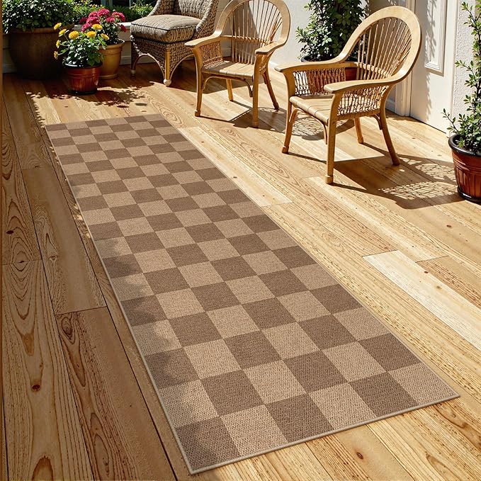 Lahome Checkered Easy Jute Kitchen Runner, 2x8 Washable Indoor Outdoor Runner Rug, Checkerboard Non Slip Non Shedding Neutral Carpet for Hallway Entryway Foyer