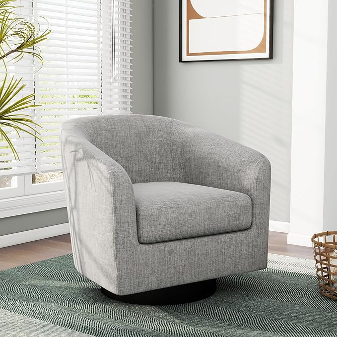 Swivel Barrel Accent Chair, Modern Round Linen Arm Chair for Living Room, Bedroom, Comfy Club Reading Chairs for Adults（Linen Fabric, Light Grey, Set of 1