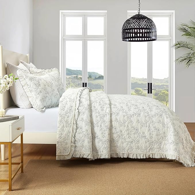 MarCielo 3-Piece 100% Cotton Bedspread Lightweight Quilt Coverlet Embroidery Farmhouse Bedding Set (Floral,Queen (98" X 90"))