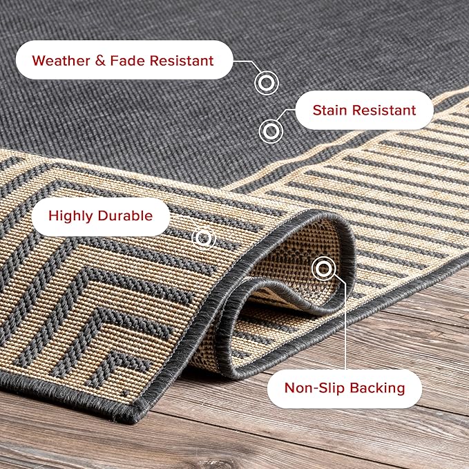 nuLOOM 6'7" Round Outdoor Area Rug, Casual Design With Striped Border, Stain Resistant, Highly Durable, For Patio, Balcony, Bedroom, Living Room, Dining Room, Bathroom, Dark Grey
