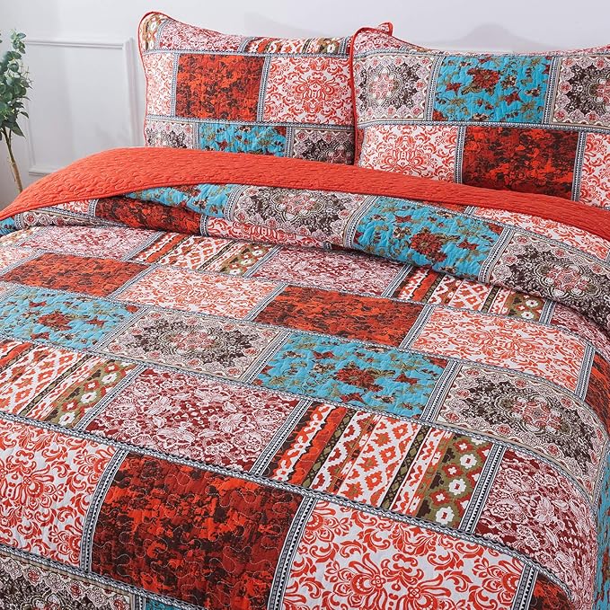 NEWLAKE Cotton Bedspread Quilt Sets-Reversible Patchwork Coverlet Set, Mediterranean Classic Bohemian Pattern,King Size