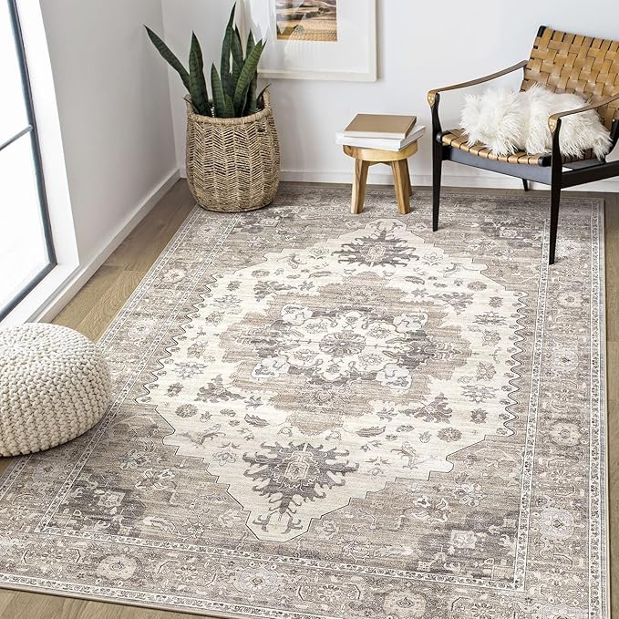 Washable Area Rugs for Living Room -6x9 Neutral Vintage Distressed Floral Farmhouse Boho Large Soft Floor Rug Indoor Non Slip Carpet for Living Room Bedroom Dining Room Office-Brown/Beige