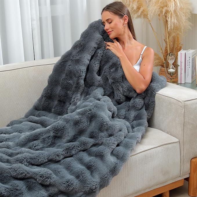 RYNGHIPY Faux Fur Throw Blanket Double Side Thick and Warm Plush Fluffy Faux Rabbit Fur Decoration for Couch Sofa Chair and Bed Cozy Winter Blanket (Dark Grey, 63''x79'')