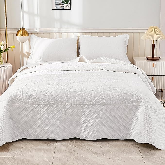 MarCielo 3-Piece 100% Cotton Oversized Bedspread Lightweight Quilt Coverlet Embroidery Farmhouse Bedding Set T0 (Bright White, Oversized King (118"x106"))