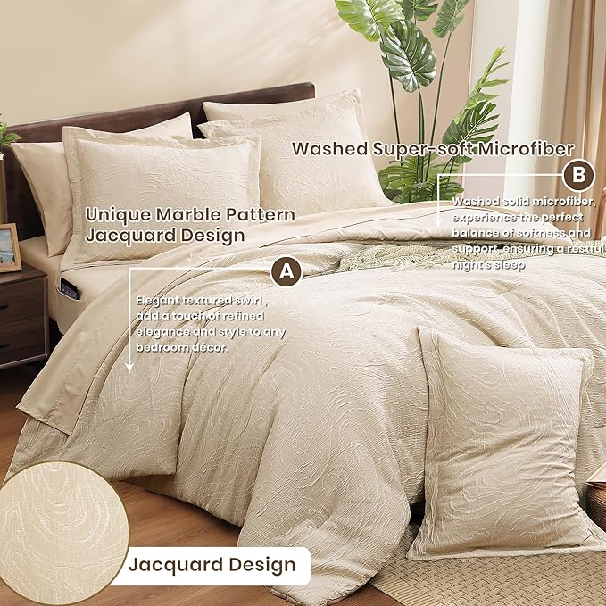 Monbix Full Size Comforter Set, Birch Marble Pattern Bedding Comforter for Full Size Bed Set, Reversible Bedding Sets 7 Pieces, Bed in a Bag with Comforter, Sheets, Pillowcases & Shams