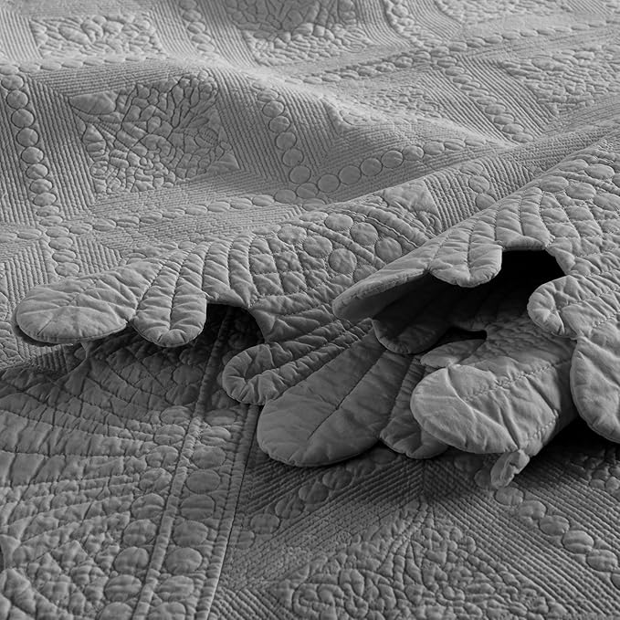 MarCielo 3-Piece 100% Cotton Oversized Bedspread Lightweight Quilt Coverlet Embroidery Farmhouse Bedding Set (Tk Light Grey, Oversized Queen (100"x106"))