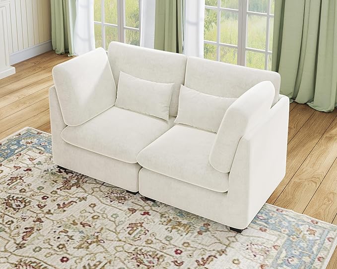 Oversized Modular Sofa, Extra Deep Cloud Chenille Sectional Couch with Ottoman Chaise, Fluffy Chenille 2 Seater Sofa Bed for Living Room, Villa (Loveseat Sofa, Chenille White)
