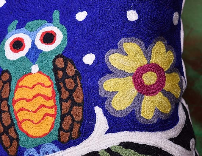 Lumbar Four Owls Decorative Pillow Cover Blue Whimsical Hand Embroidered Wool 14x20