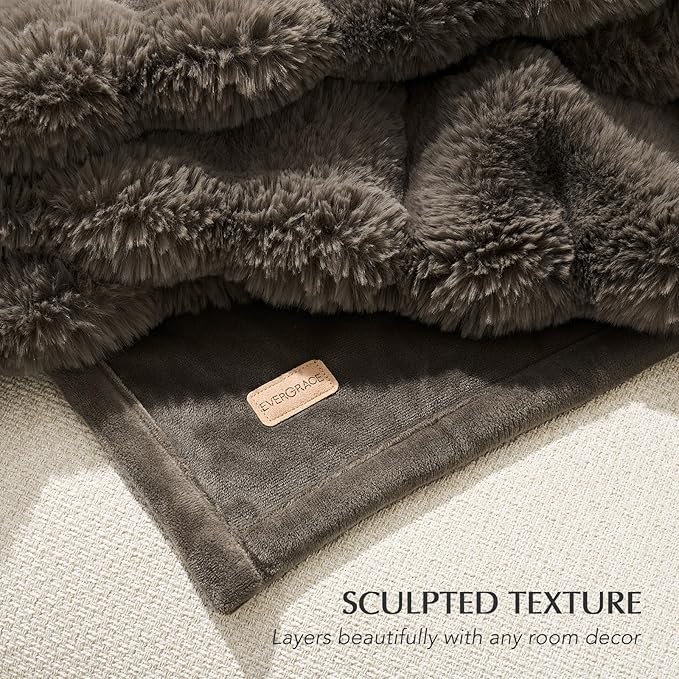 EVERGRACE Ultra Soft Luxury Fluffy Faux Rabbit Fur Throw Blanket, Thick Warm Fuzzy Blankets for Bed, Cozy Plush Reversible Blanket for Couch, Chair, Sofa, Dark Taupe, 60x80 Inches, 870 GSM