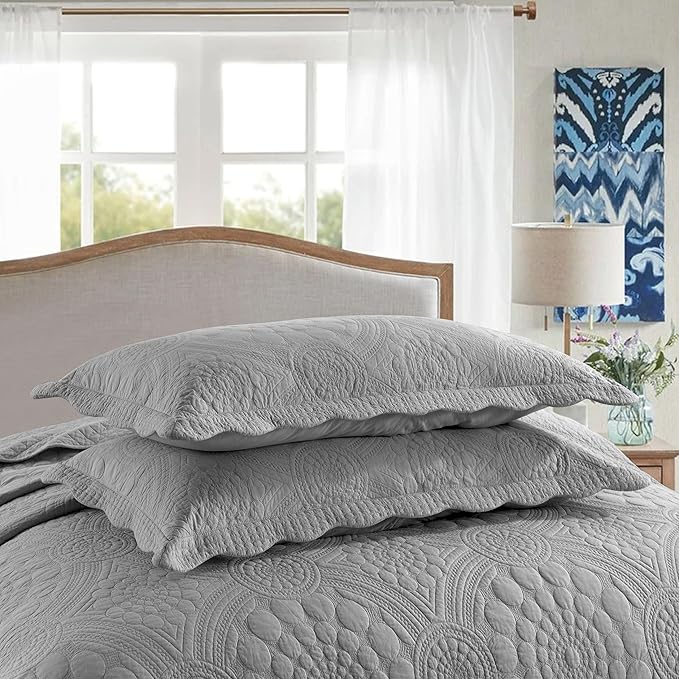 MarCielo 3-Piece 100% Cotton Oversized Bedspread Lightweight Quilt Coverlet Embroidery Farmhouse Bedding Set (Tf Light Grey, Oversized Queen (100"x106"))