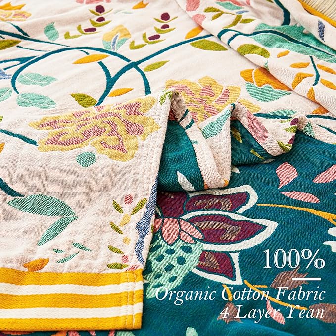 Boho Throw Blanket, 100% Organic Cotton Breathable Ultra Soft 91" x 98" Bed Quilt Throw - All Season Floral Rustic Farmhouse Decor Luxury Reversible Blanket for Sofa Couch Chair and Gift