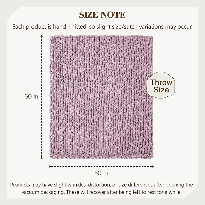 Carriediosa Chunky Knit Throw Blanket 50" X 60", 100% Hand Made Large Chenille Loop Yarn Soft Fluffy Throws for Couch Sofa Bed, Big Crochet Cozy Heavy Thick Cable Woven Blankets, Purple