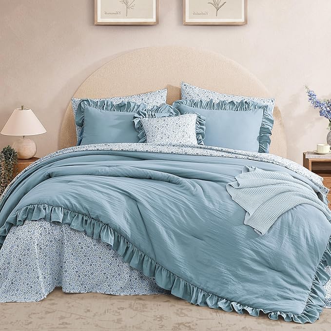 Full Comforter Set - 7 Pieces Ruffle Blue Bedding Sets, Shabby Chic Farmhouse Bed in a Bag Full with Ruffle Comforter, Floral Sheets, Pillowcases & Shams