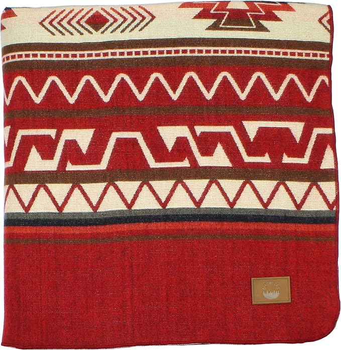Inca Aztec Throw, Queen, King Blanket | Southwest Indian Navajo Boho Style | Native Cover for Camping, Bedding, Couch, Vanlife | Faux Alpaca, Lightweight, Hypoallergenic (Inti Red, Queen)