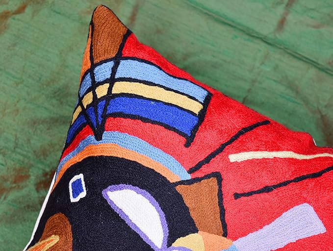 Kandinsky Contemporary Throw Pillow Cover - Bright | Red Modern Pillow Cases | Abstract Accent Pillows | Contemporary Couch Cushions | Hand Embroidered Cushion | Wool Size 18x18