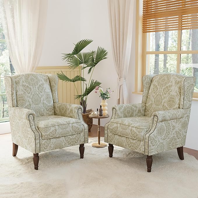 Lumibee Wingback Accent Chair, 2 Set High Back Floral Armchairs in Fabric,Comfy Upholstered Reading Single Sofa Chairs with Solid Wood Legs for Living Room,Bedroom,Office-White