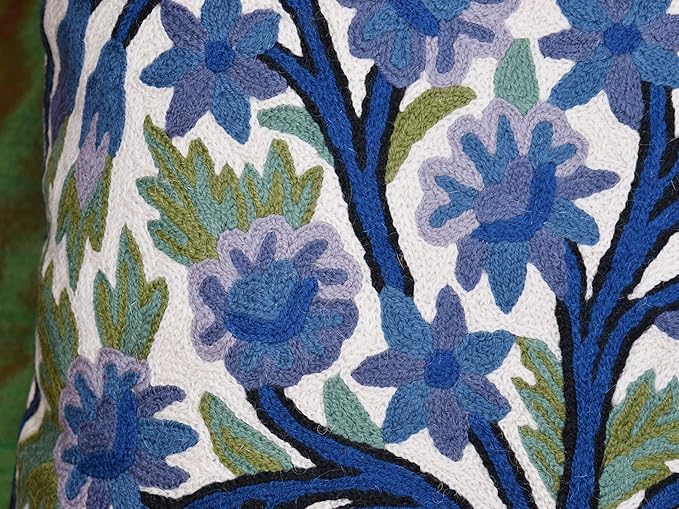 Blue Tree of Life Pillow Cover Indigo Plant Floral Pillowcase Needlepoint Botanical Flower Suzani Cushions Traditional Boho Modern Floral Cushion Wool Size - 18x18