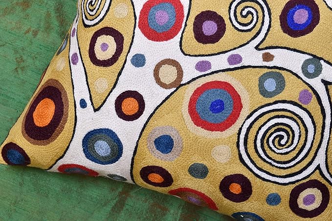 Decorative Pillow Cover Tree of Life Yellow Gold Pillows Botanical Yellows Throw Pillowcase for Couch | Mid Century Pillows for Sofa | Hand Embroidered Cushions Wool 18x18