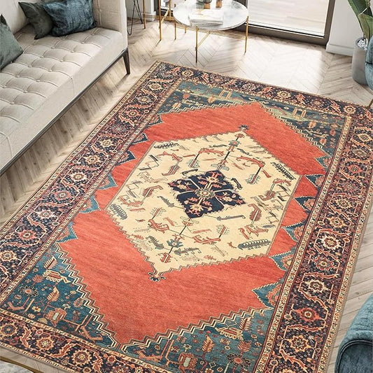 Keen Home Design 5x7 Rug - Machine Washable Area Rug with Non-Slip Backing, Ideal for Living Room, Dining Room, Bedroom - Vintage, Easy Clean, Durable, Low Pile Rug - (5' x 7')