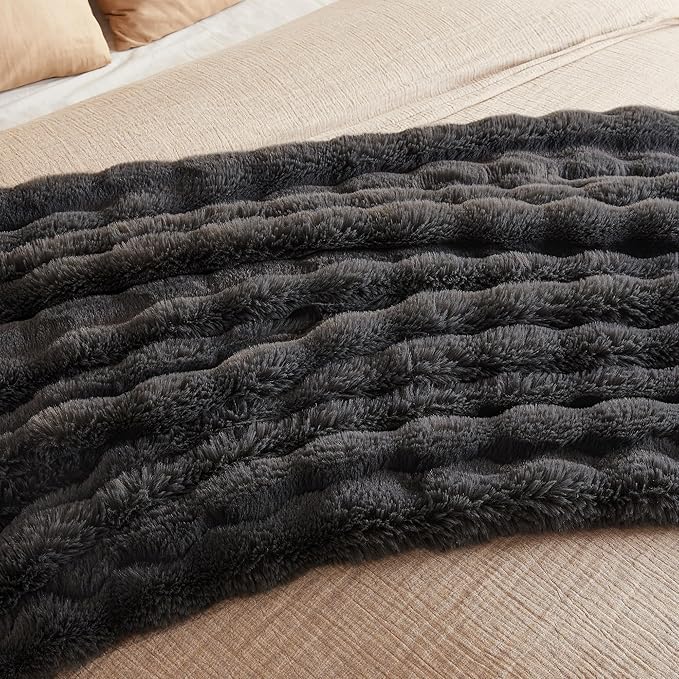 JELLYMONI Faux Fur Throw Blanket, Dark Grey, Cozy Plush Bubble Bed Throw, Thick and Warm, 50" X 60"