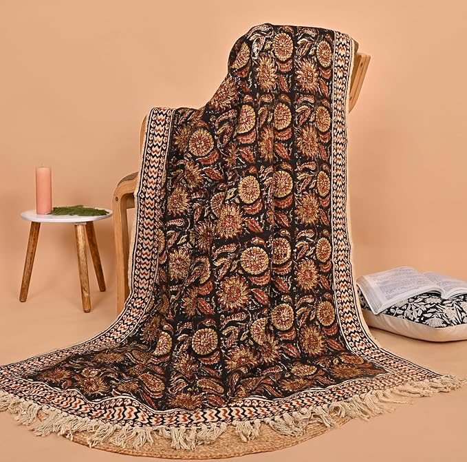 Bohemian Mud Cloth Handmade Throw with Tassels - 120x180 CM Handblock Printed Floral Cotton Blanket, Soft Handloom Sofa Throw for Living Room, Bed, Couch & Home Décor