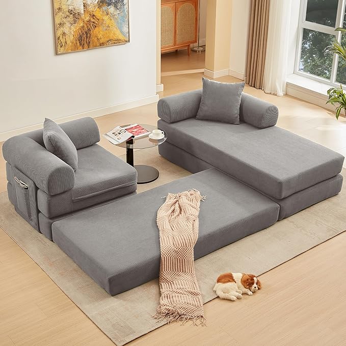 107" Oversized Convertible Sleeper Sofa Bed, Corduroy L Shape Sectional Couch, Folding Sofa Bed with Side Pocket, Modern Cloud Floor Mattress Couch, Modular Sofa for Living Room, Grey
