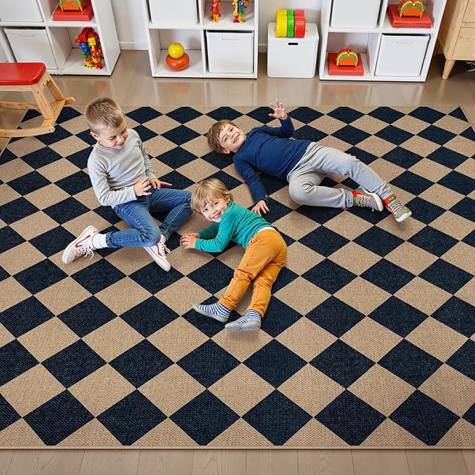 Lahome Checkered Easy Jute Area Rug 8x10, Large Living Room Patio Rug Checkerboard Indoor Outdoor Carpet, Farmhouse Geometric Non Slip Black Carpet for Backyard Dining Room