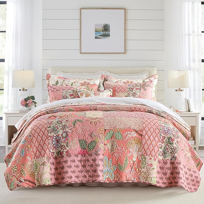 NEWLAKE Cotton Patchwork Bedspread, 3-Piece Bedding Quilt Set with Real Stitched Embroidery, Reversible Matelasse Bed Coverlet Set,Bohemian Floral, Queen Size