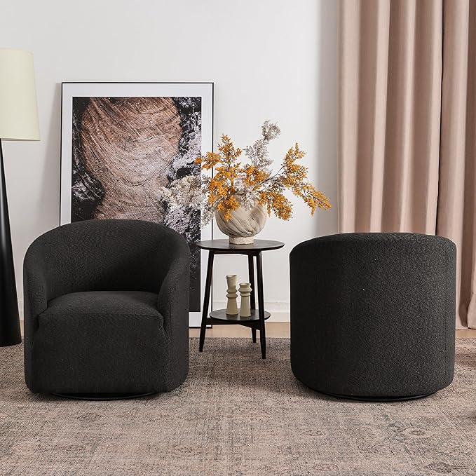 KINWELL 32" Wide Modern Boucle Swivel Barrel Chairs Set of 2, No Assembly Round Upholstered Swivel Accent Armchairs for Living Room, Bedroom (Black)